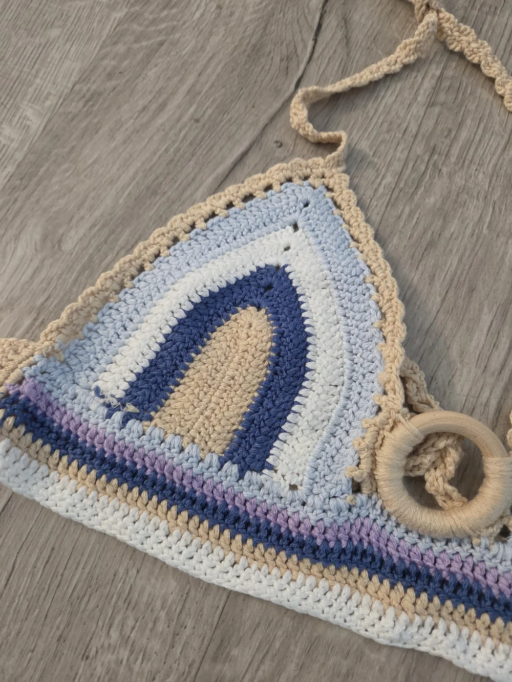 SHEIN Blue & Cream Striped Crochet Halter Bikini